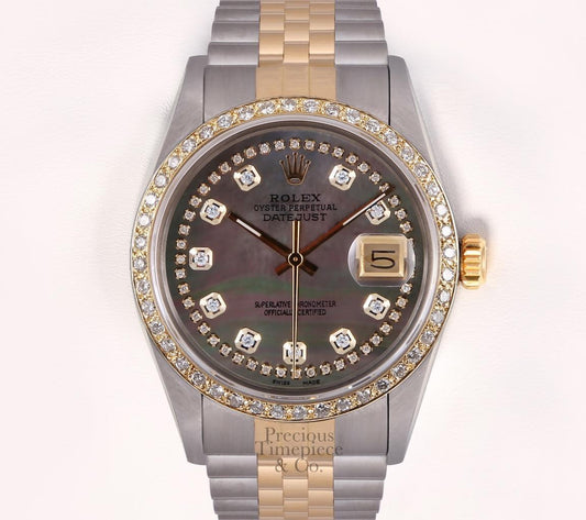 Rolex Men Datejust 36mm Two Tone 18k Diamond Bezel-Black MOP String Diamond Dial