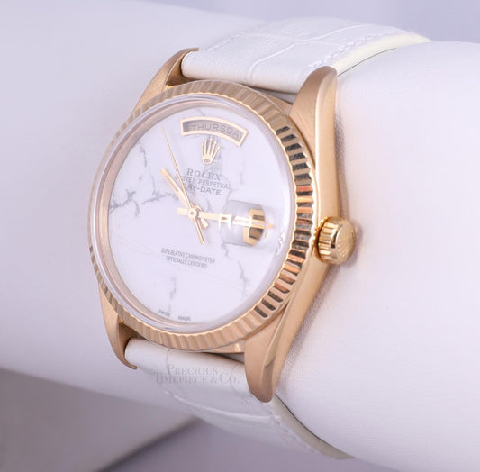 Rolex Men Day-Date 36mm President 18k Gold 18038-White Marble Dial-White Leather