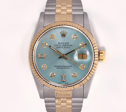 Rolex Datejust Two Tone Steel 18k Fluted Bezel 36mm-Ice Blue Diamond Dial