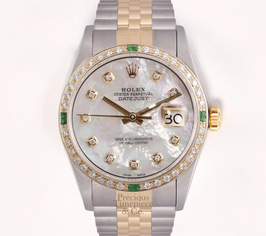 Rolex Datejust Two Tone Gold/SS-18k Emerald Diamond Bezel-White MOP Diamond Dial