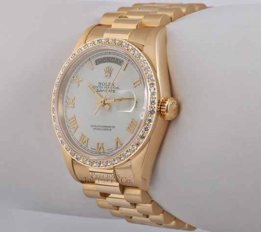 Rolex Day-Date President 18k Yellow Gold 18038-White Roman Dial-Diamond Bezel