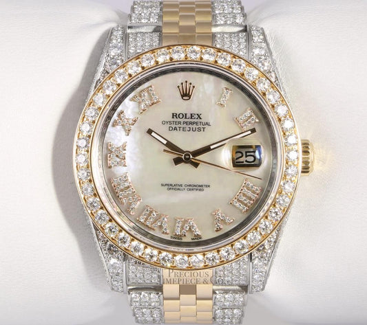 Rolex Datejust 116233 18k Gold Fully Iced 2CT Diamond Bezel White MOP Roman Dial