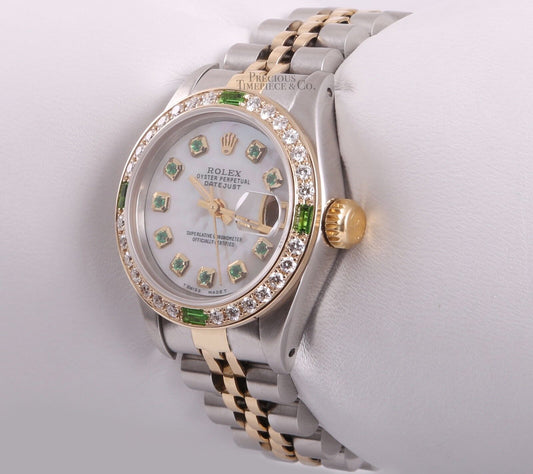 Rolex Lady Datejust Two Tone 18k/SS Emerald Diamond Bezel-White MOP Emerald Dial