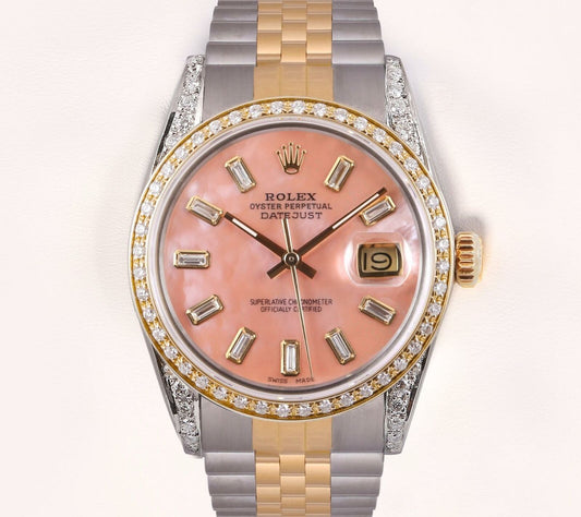 Rolex Datejust 36mm Steel 18k Diamond Bezel-Diamond Lug-Salmon MOP Baguette Dial