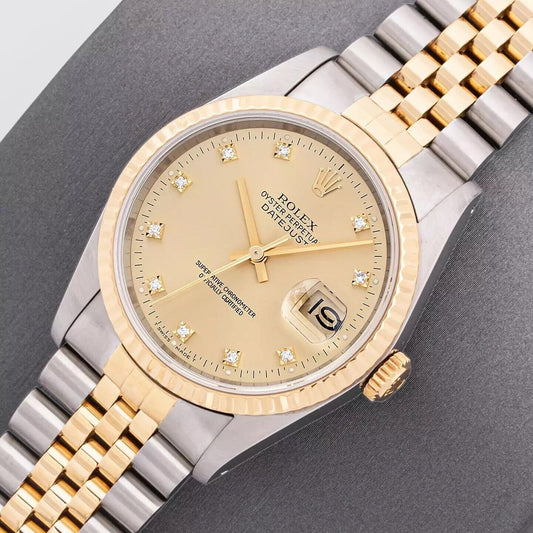 Rolex Mens Datejust 16233 Factory Champagne Diamond Steel and 18k Gold Watch