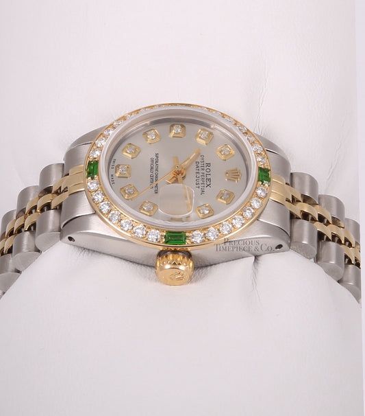 Rolex Lady Datejust 26mm Two Tone 18k/SS Emerald Diamond Bezel-Gray Diamond Dial