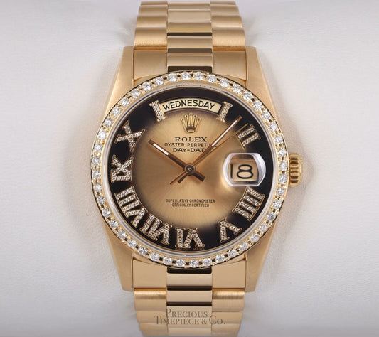 Rolex 36mm Day-Date 18038 18k Gold-Diamond Bezel-Champagne Vignette Roman Dial