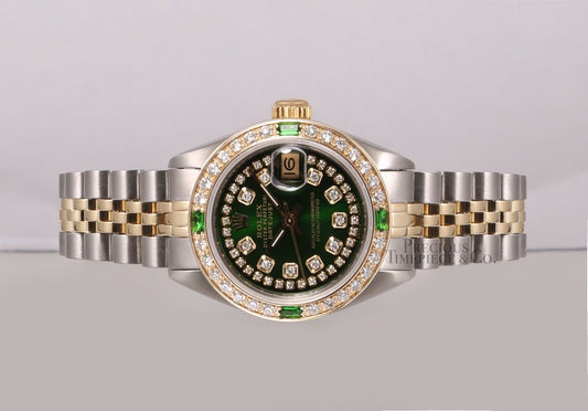 Rolex Lady Datejust Two Tone 18k-Green String Diamond Dial-Emerald Diamond Bezel