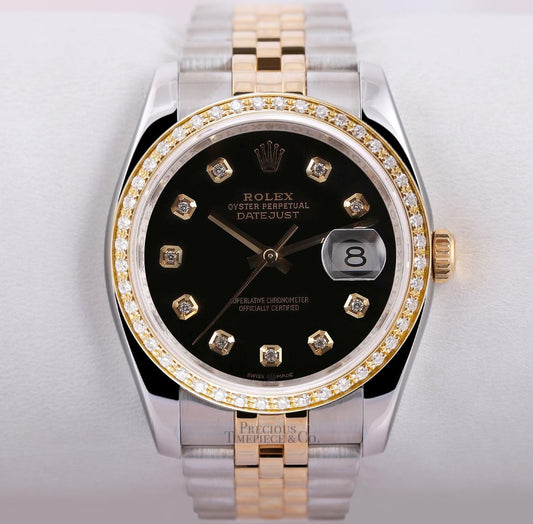 Rolex Datejust 116233 Two Tone Jubilee 36mm 18k Diamond Bezel Black Diamond Dial