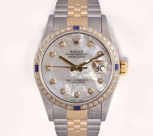 Rolex Datejust Two Tone Gold-18k Sapphire Diamond Bezel-White MOP Diamond Dial