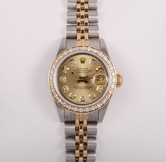 Rolex Lady Datejust Two Tone 18k Watch 26mm-Champagne Diamond Dial-Diamond Bezel