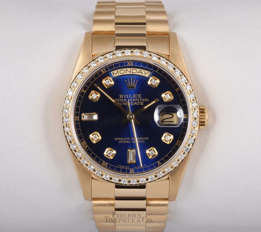 Rolex Day-Date President 18k Gold 18038-Blue Baguette Diamond Dial-Diamond Bezel