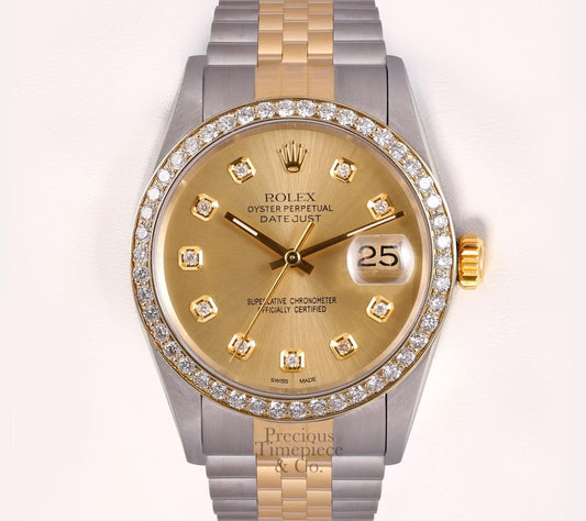 Rolex Mens Datejust 36mm Two Tone Steel 18k Diamond Bezel-Champagne Diamond Dial