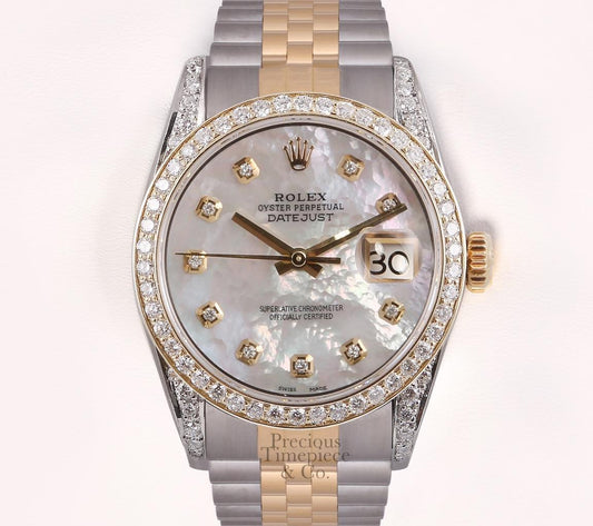 Rolex Men Datejust 36mm 18k/SS Watch Diamond Bezel- Lugs-White MOP Diamond Dial