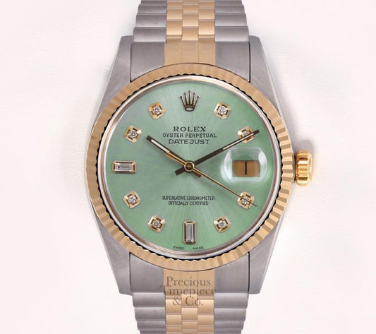 Rolex Datejust Two Tone Steel 18k Fluted Bezel 36mm Watch-Ice Green Diamond Dial