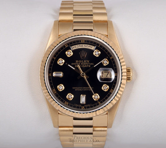 Rolex 18k Gold Day-Date 18038 President 36mm-Black Diamond Dial-18k Fluted Bezel