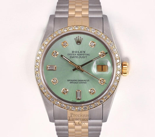 Rolex Men Datejust 36mm Two Tone Steel 18k Diamond Bezel-Ice Green Diamond Dial