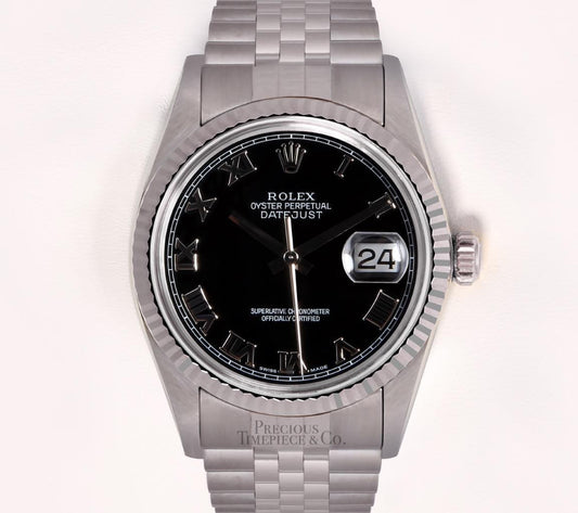 Rolex Men Datejust Stainless Steel 18k Fluted Bezel-Black Roman Dial 36mm Watch