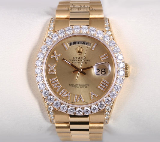 Rolex Day-Date 18038 36mm 18k Gold 3CT Diamond Bezel-Diamond Lugs-Roman Dial