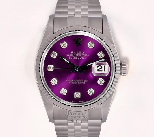 Rolex Men Datejust SS 36mm Watch-Purple Diamond Dial-18k Fluted Bezel