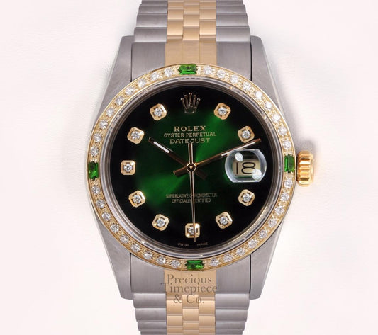 Rolex Datejust Two Tone 36mm Emerald 18k Diamond Bezel Watch Green Vignette Dial