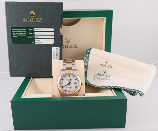 Full Set Rolex 116203 36mm Datejust Yellow Gold/Stainless Steel Roman Dial