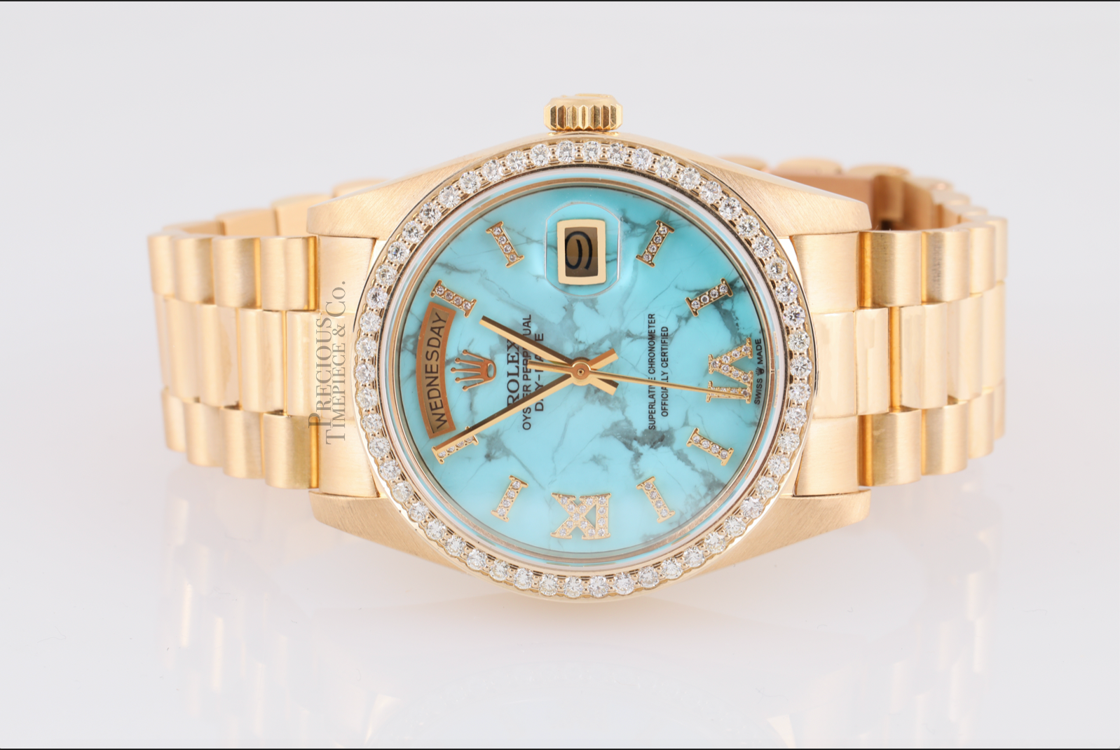 Rolex Day-Date 18238 36mm Turquoise Marble Roman Diamond Dial Diamond Bezel