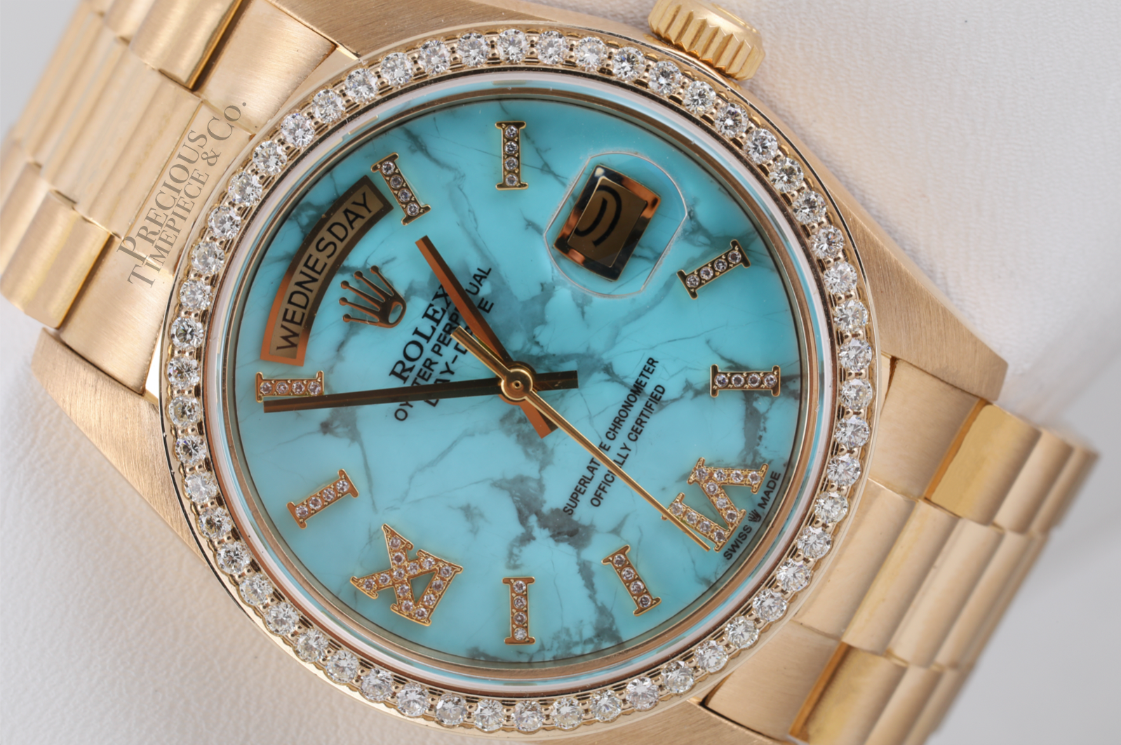 Rolex Day-Date 18238 36mm Turquoise Marble Roman Diamond Dial Diamond Bezel