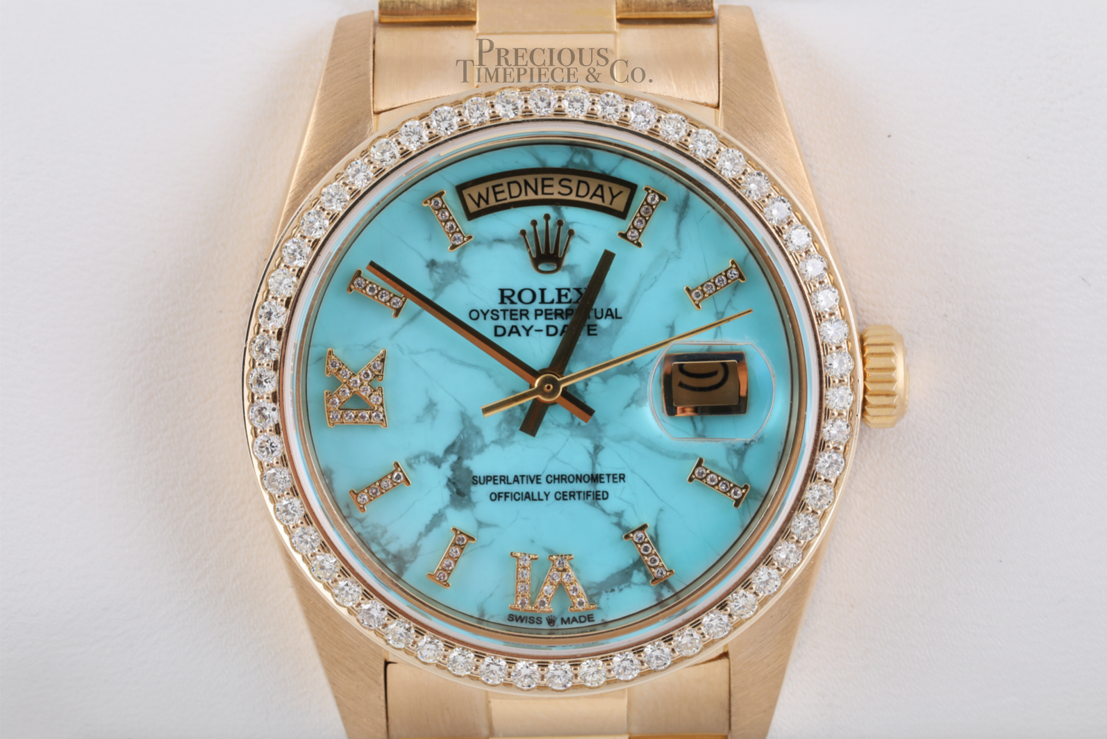 Rolex Day-Date 18238 36mm Turquoise Marble Roman Diamond Dial Diamond Bezel