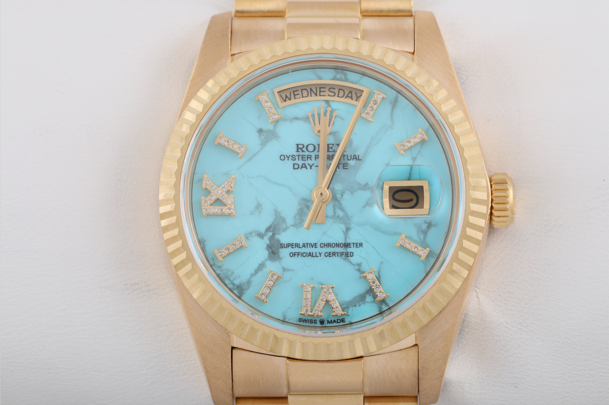 Rolex Day-Date 18238 36mm 18k-Turquoise Marble Roman Diamond Dial-Fluted Bezel