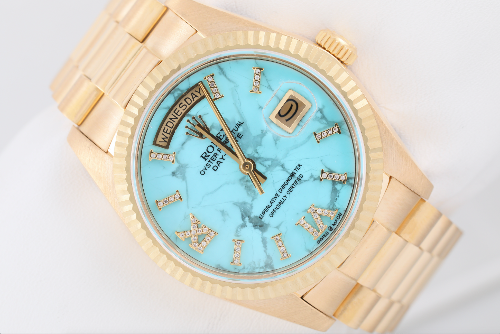 Rolex Day-Date 18238 36mm 18k-Turquoise Marble Roman Diamond Dial-Fluted Bezel