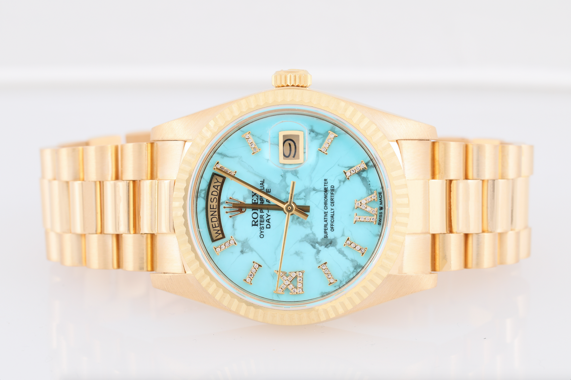 Rolex Day-Date 18238 36mm 18k-Turquoise Marble Roman Diamond Dial-Fluted Bezel