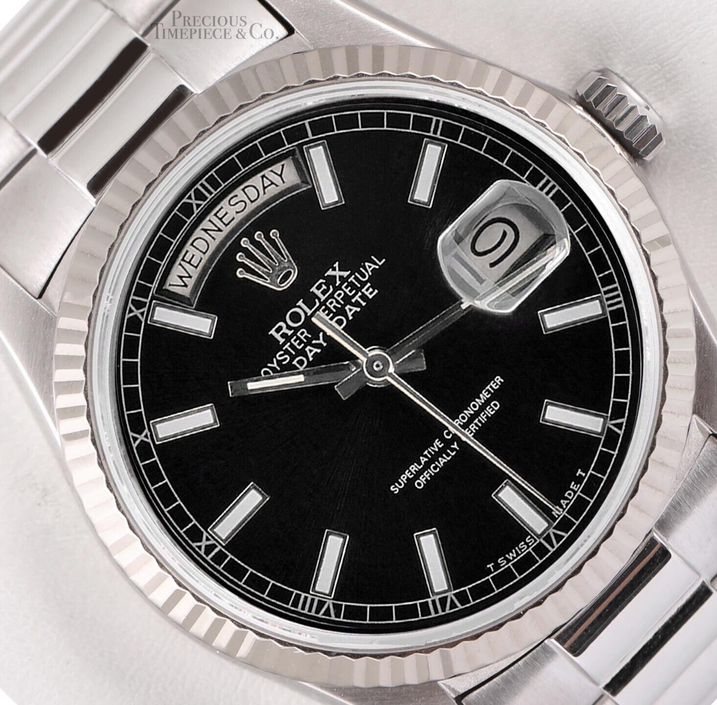 Rolex Mens Day-Date 36mm Presidential 18239 18k White Gold - Black Stick Dial
