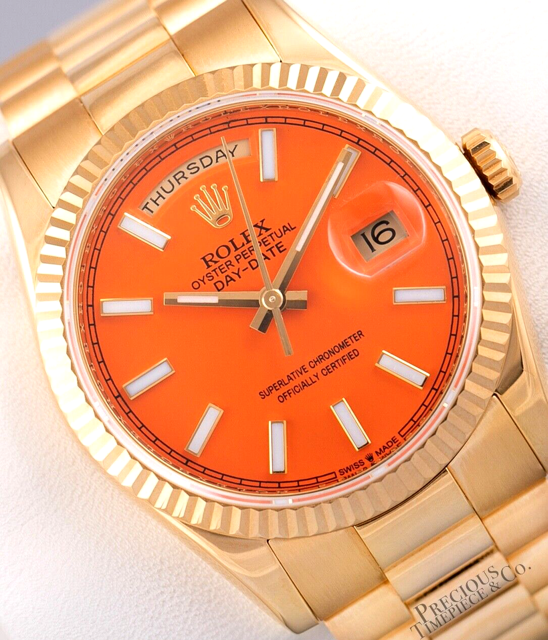 Rolex Day-Date 118238 Presidential 18k Gold Fluted Bezel 36mm-Custom Orange Dial