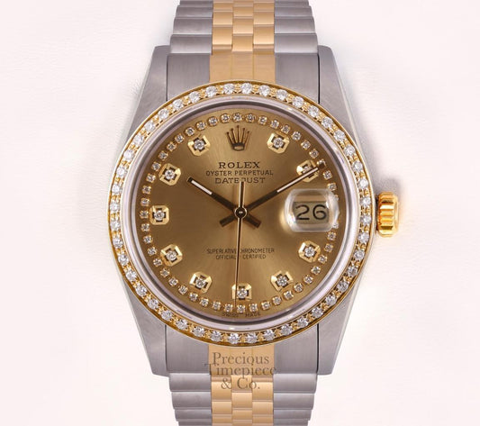 Rolex Datejust 36mm Two Tone 18k Gold/Steel Diamond Bezel-Champagne String Dial