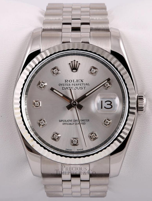 Rolex Datejust S/S Jubilee-18k Gold Fluted Bezel-Silver Diamond Dial