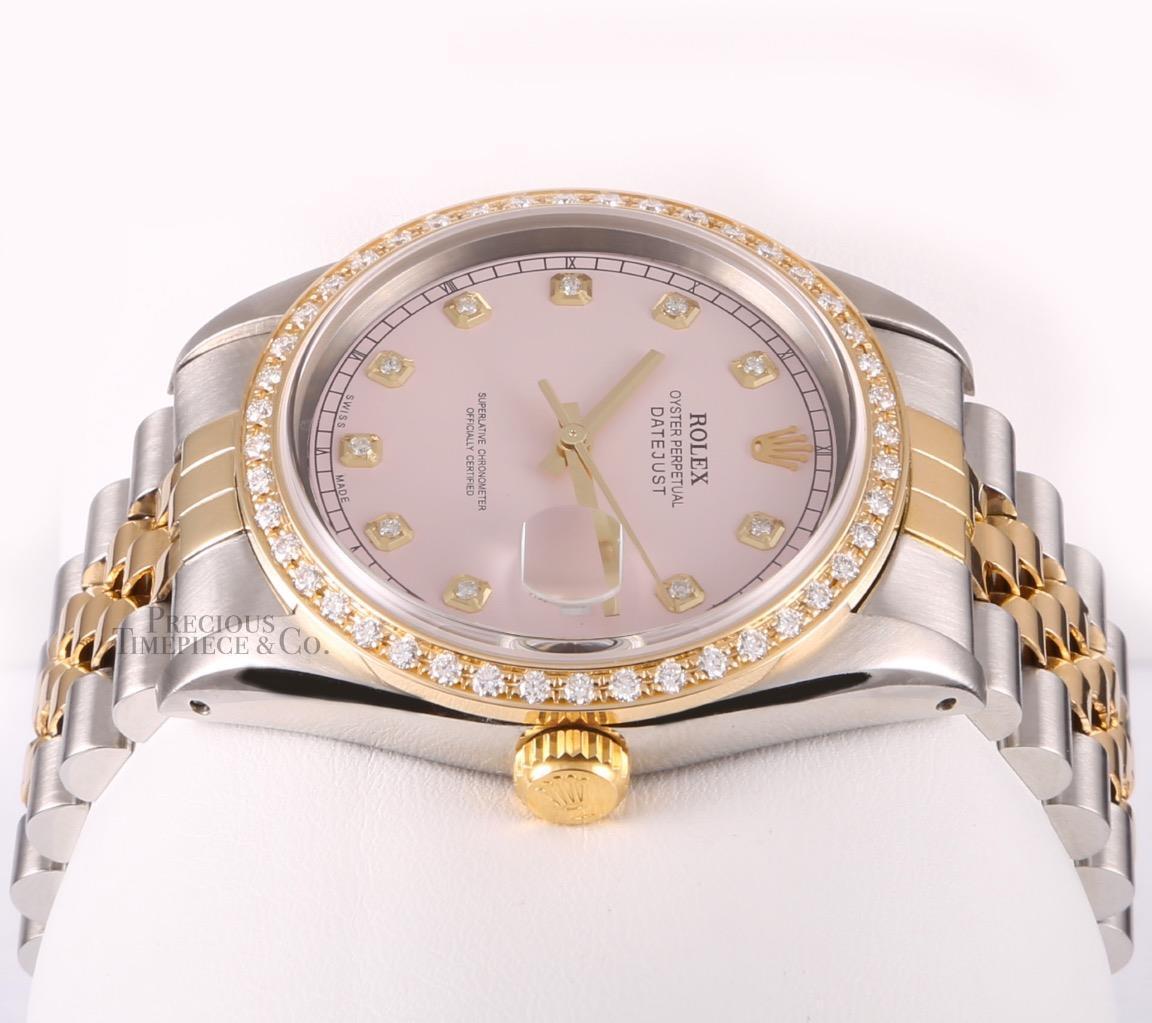 Rolex Datejust Two Tone 36mm Stainless Steel 18k Diamond Bezel Pink Diamond Dial