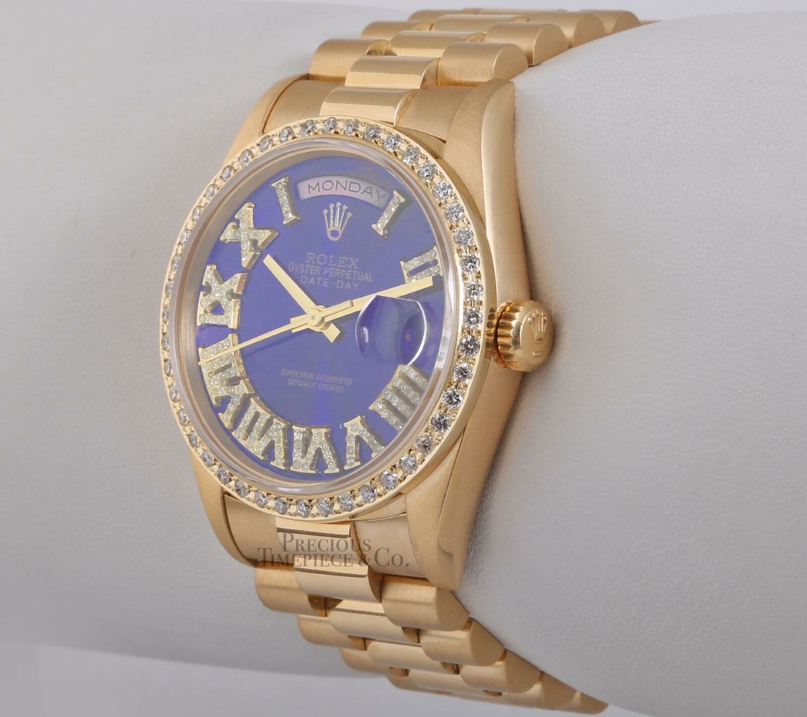 Rolex Men Day-Date 18238 36mm 18k Gold-Blue Diamond Roman Dial-Diamond Bezel