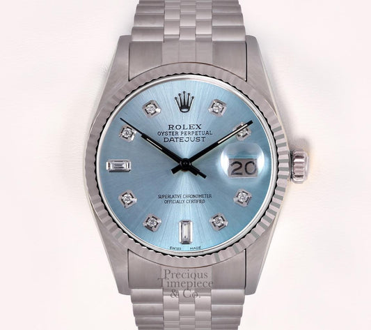 Rolex Men Datejust Stainless Steel 36mm-18k Fluted Bezel-Ice Blue Diamond Dial