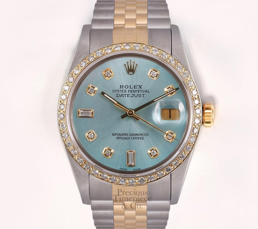 Rolex Men Datejust 36mm Two Tone Steel 18k Diamond Bezel-Ice Blue Diamond Dial