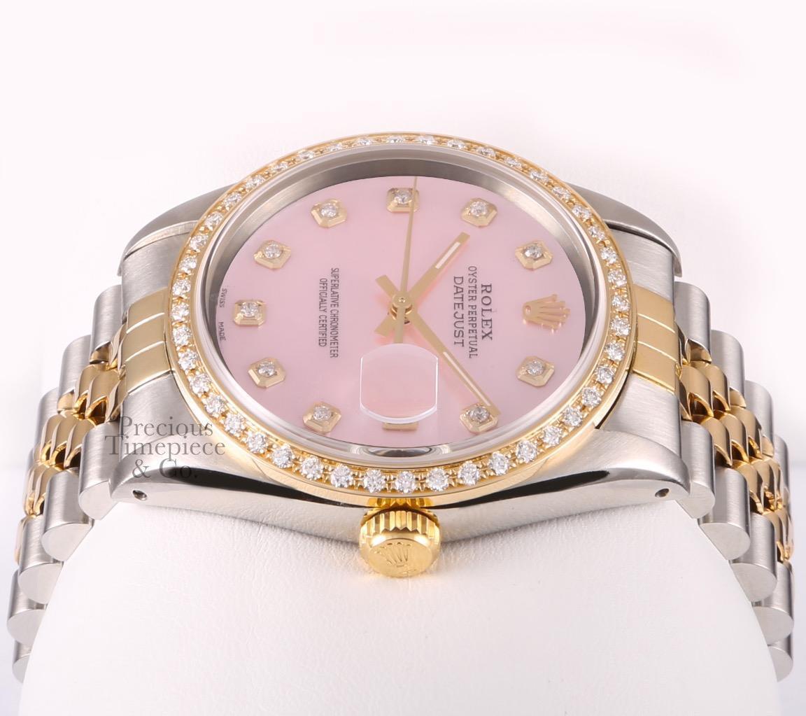 Rolex Datejust 2 Tone 36mm SS/ 18k Diamond Bezel Watch-Pink MOP Diamond Dial-BOX