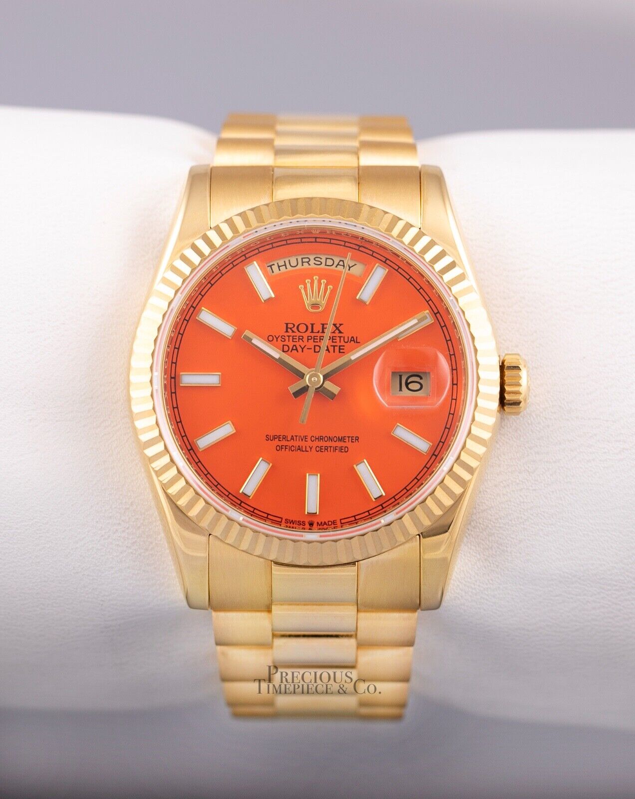 Rolex Day-Date 118238 Presidential 18k Gold Fluted Bezel 36mm-Custom Orange Dial