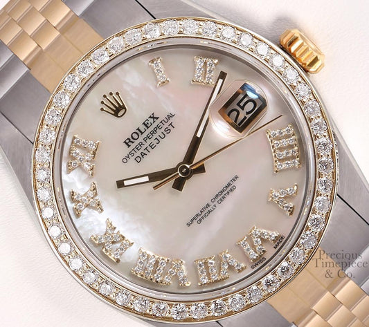 Rolex Mens Datejust TT 18k/SS Watch-Diamond Bezel-White MOP Diamond Roman Dial