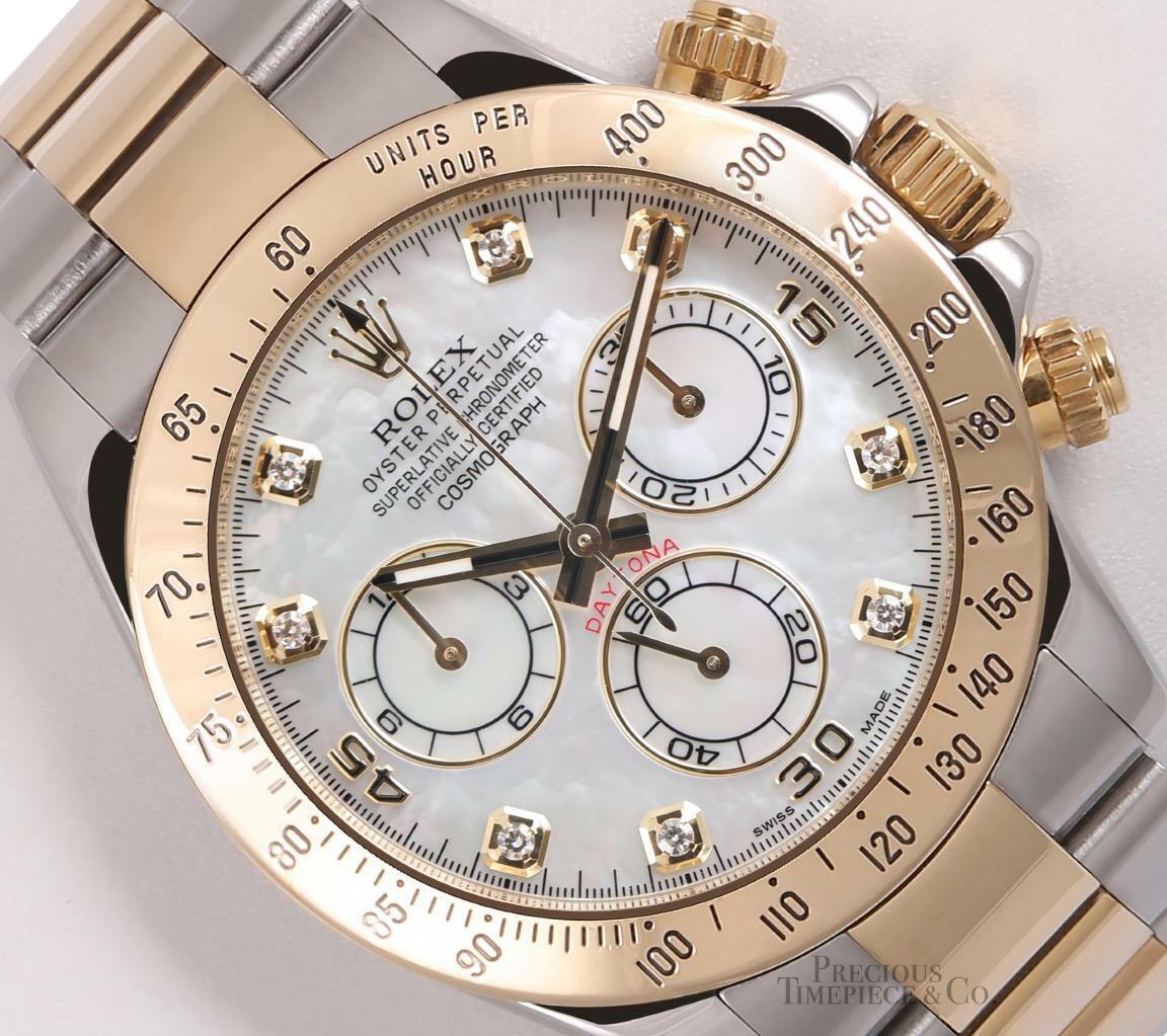 Rolex Men Daytona 116523 Two Tone 18k Steel 40mm Watch-White MOP Diamond Dial