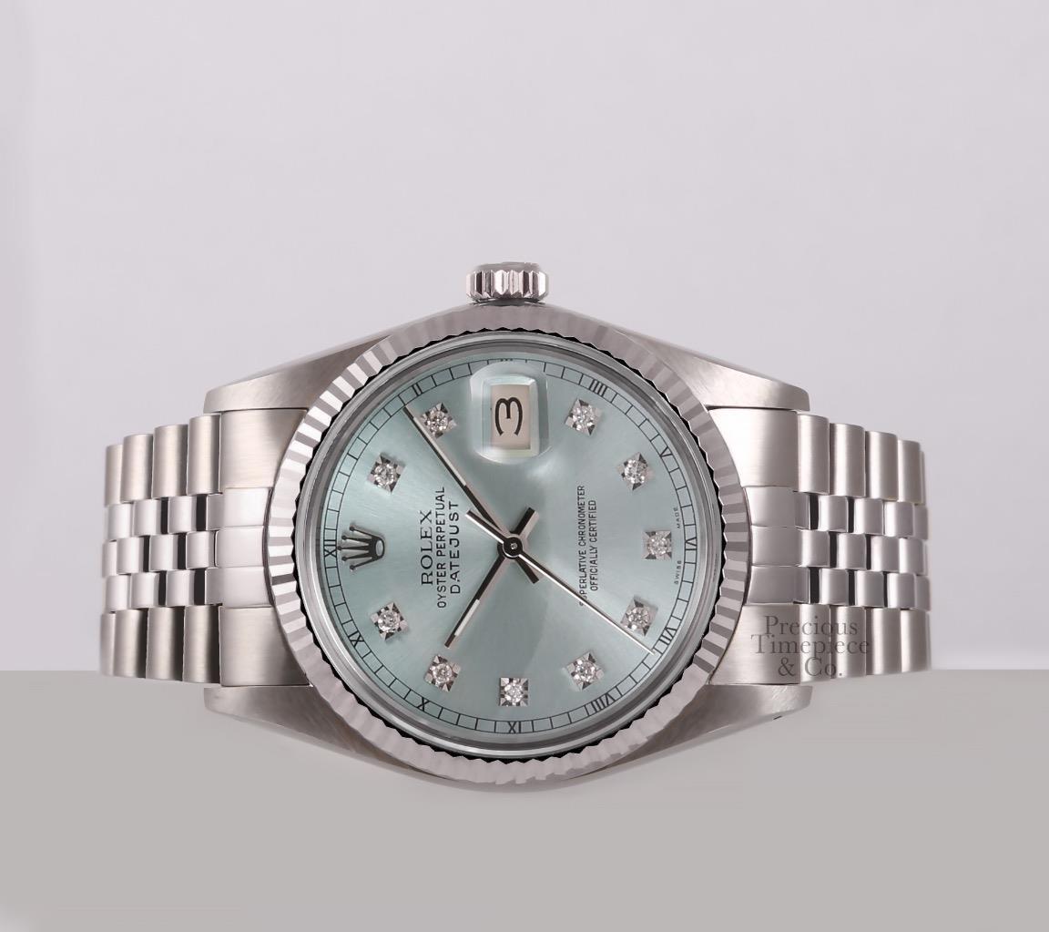 Rolex Men Datejust 36mm Steel 18k Fluted Bezel Watch-Ice Blue Diamond Dial