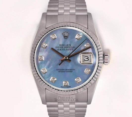 Rolex Datejust Stainless Steel 36mm Watch-18k Fluted Bezel-Blue MOP Diamond Dial