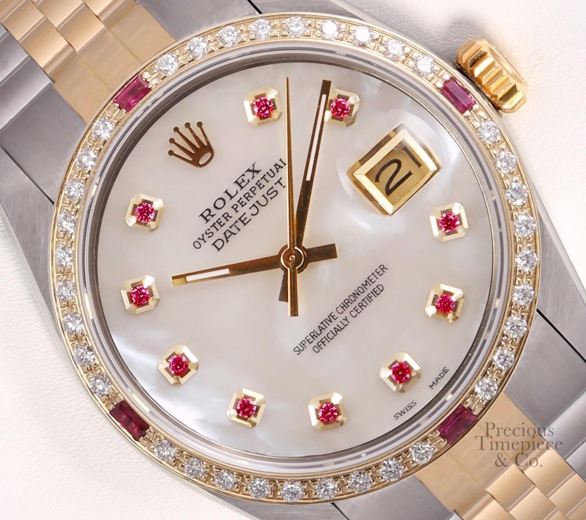 Rolex Datejust Two Tone 36mm 18k Ruby Diamond Bezel-White MOP Ruby Dial-Watch