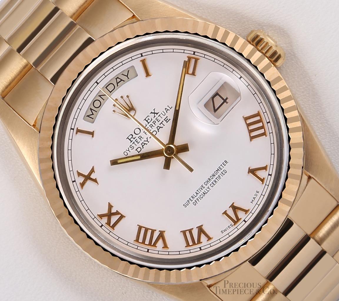 Rolex Men Day-Date 18038 President 18k Solid Yellow Gold Watch-White Roman Dial