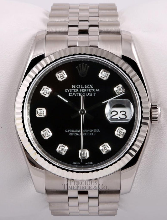 Rolex Datejust SS New Style Jubilee-18k Fluted Bezel-Black Diamond Dial-