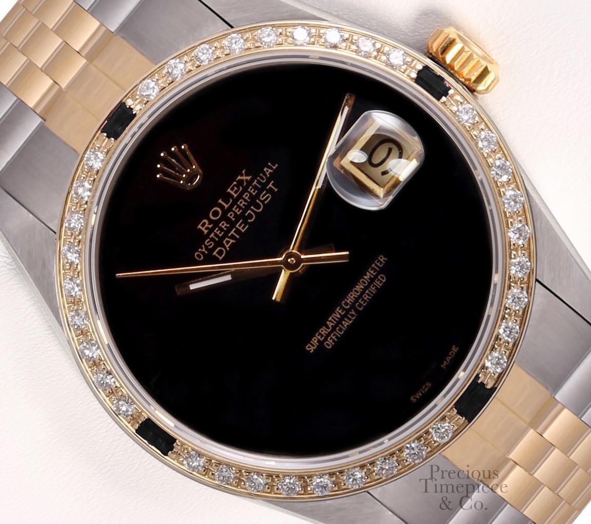 Rolex Datejust Two Tone 36mm Watch 18k Black Gemstone & Diamond Bezel-Onyx Dial